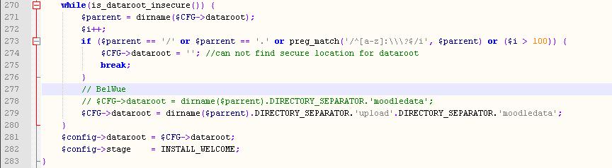 4. BelWü Anpassungen 4.1. Pfadanpassung in der Datei..\install.php Pfadänderung in Zeile 267 // BelWue // $CFG->dataroot = dirname($parrent).