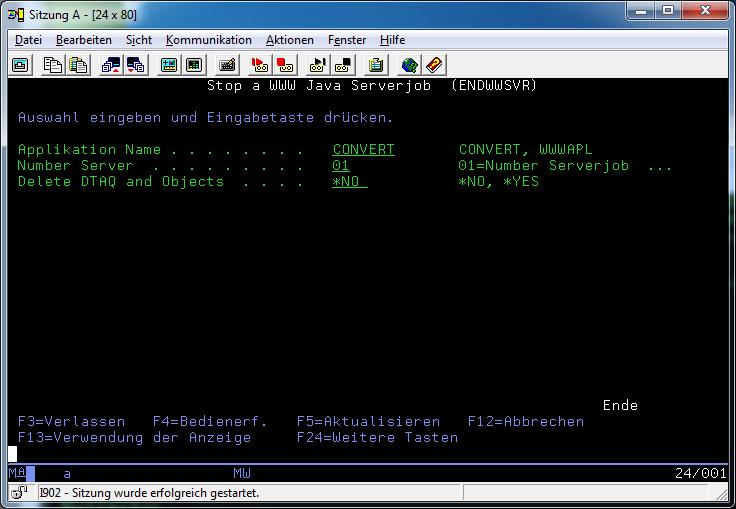 Befehl ENDWWSVR Beschreibung: Applikation Name Number Server Delete DTAQ and Objects Beendet den Serverjob für die Applikation.