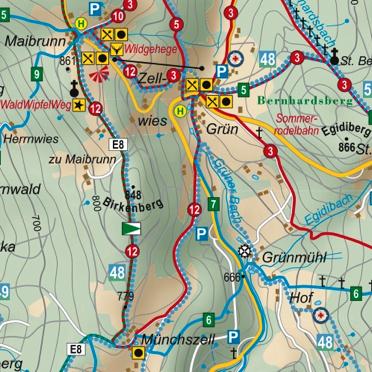 - 2 - Birkenberg Ziel: Wald-Wipfel-Weg Diese leichtere Tour beginnt mit einer Talwanderung nach Grünmühl. Von dort geht es bergauf über Münchszell nach Maibrunn und wieder zurück nach Grün.