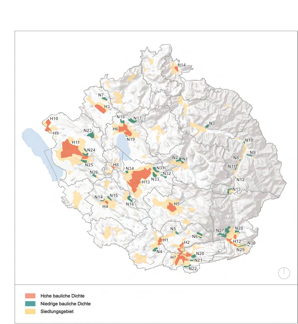 Abb. 11: Gebiete mit hoher und niedriger baulicher Dichte 2.9.3 Massnahmen a) Region Die Region unterstützt in ihren Tätigkeiten die Erreichung der angestrebten Siedlungsdichten (z. B.