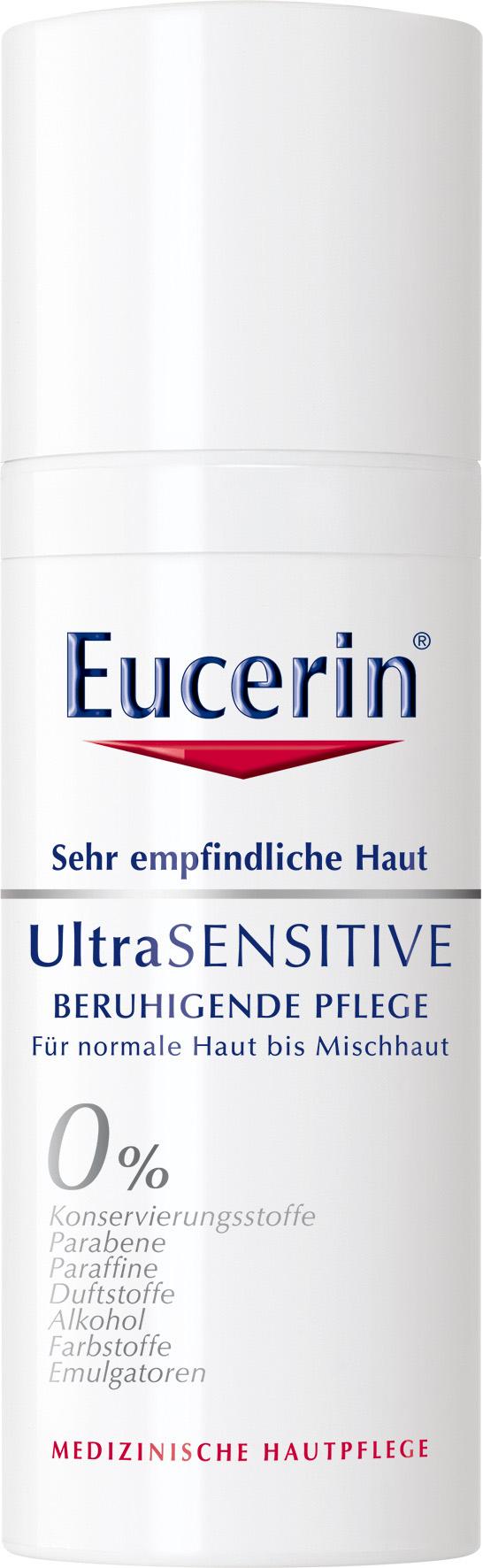 Eucerin UltraSENSITIVE BERUHIGENDE PFLEGE Für normale Haut bis Mischhaut 50ml, UVP 16,90, PZN 10268689 Die Formel mindert unangenehme Hautgefühle wie Stechen, Brennen und Jucken, stärkt die