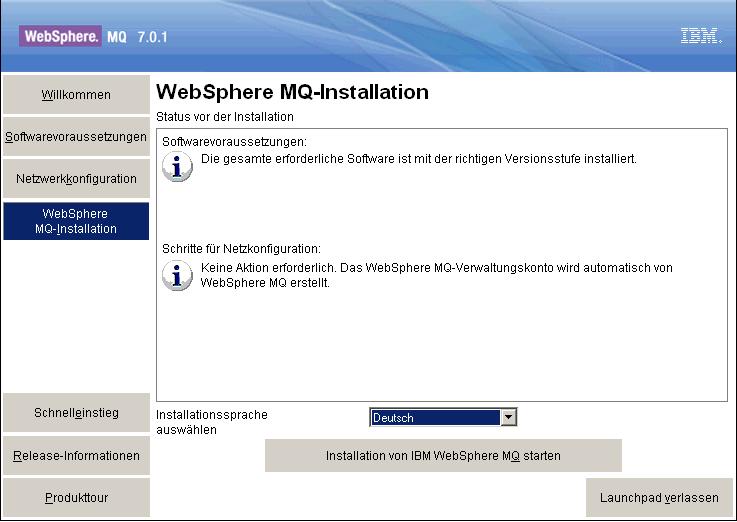 Wenn wir jetzt auf WebSphere MQ-Installation klicken gelangen wir zum Screen in Abbildung 5. Wir sind jetzt bereit, die Installation durchzuführen.