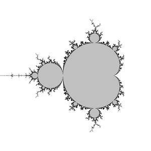 verzerrt); (2) eine Version ähnlich der ersten von Mandelbrot, mit einem frühen Algorithmus, der nicht klar zeigt, ob M zusammenhängend ist; die feinen Filamente sind nicht zu erkennen und zeigen nur