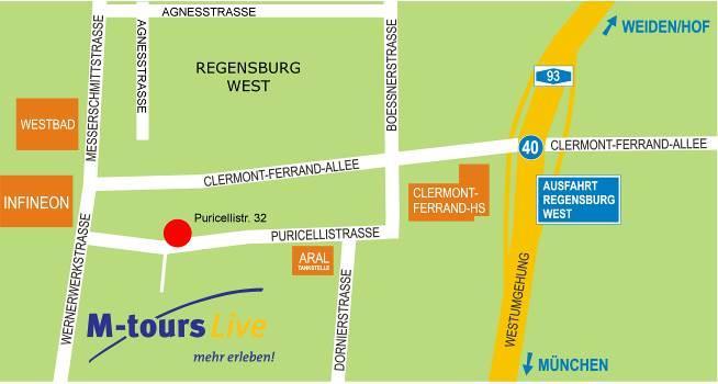 Parkmöglichkeit bei Abfahrt in Regensburg Zustieg Büro M-tours Live, Puricellistr. 32 Parkmöglichkeiten für Abfahrten zu einer Reise finden Sie in den angrenzenden Seitenstraßen wie zum Bsp.