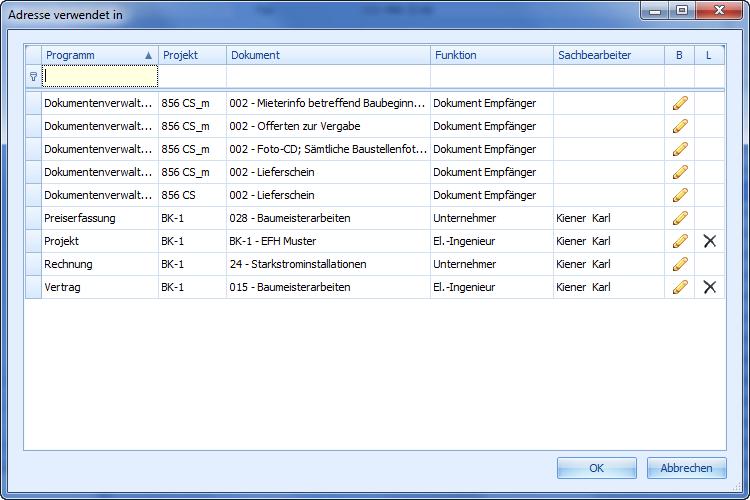 Über die Funktion Extras/Adresse verwendet in werden die Dokumente aufgelistet, in denen (nach Funktion) die Adresse verwendet wird.