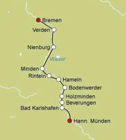 4. Tag: Holzminden/B. Hameln/Rinteln 26-55 km. Vorbei an romantischen Dörfern und dem Schloss Corvey zur Rattenfängerstadt Hameln mit einer schönen Altstadt. 5. Tag: Hameln/Rinteln Minden 41-69 km.