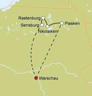 295 km Hauptstadt Warschau Besichtigung der Wolfsschanze, Burg Rössel, Schloss Lehndorff (Ostpreußen) Heilige Linde Schifffahrt auf den Masurischen Seen garantierte Durchführung ab 6 Pers.