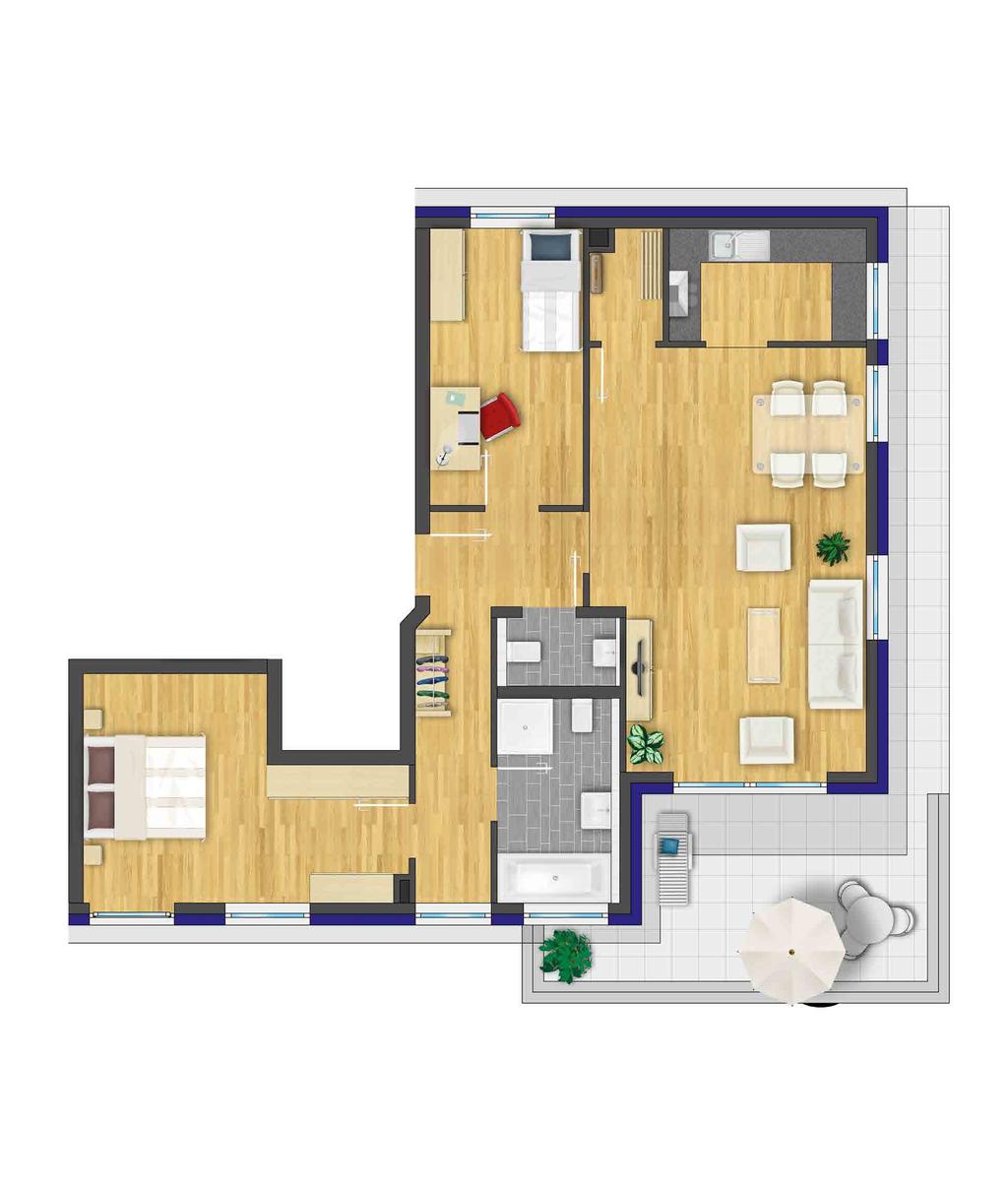 Küche Zimmer ohnen C Flur chlafen Dachterrasse 3-Zimmer-ohnung
