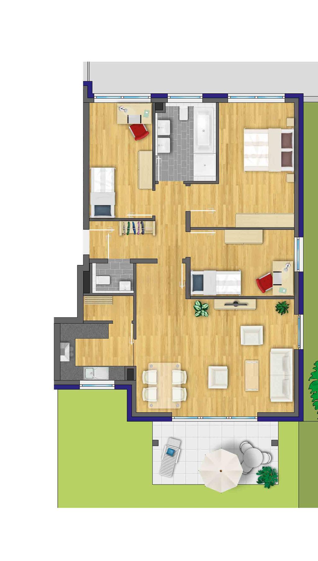 Zimmer 1 chlafen C Zimmer 2 Küche ohnen Balkon 4-Zimmer-ohnung ohnung A1, A3, A5 EG bis 2.