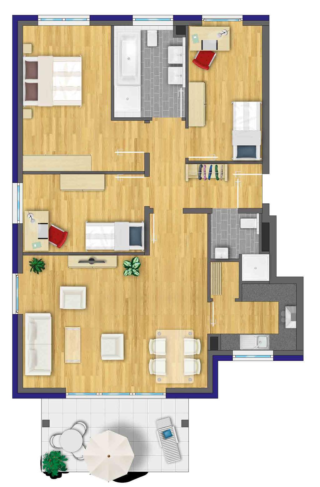 Zimmer 1 chlafen Zimmer 2 DU/C ohnen Küche 4-Zimmer-ohnung ohnung A1/B2 Alternative EG bis 2.