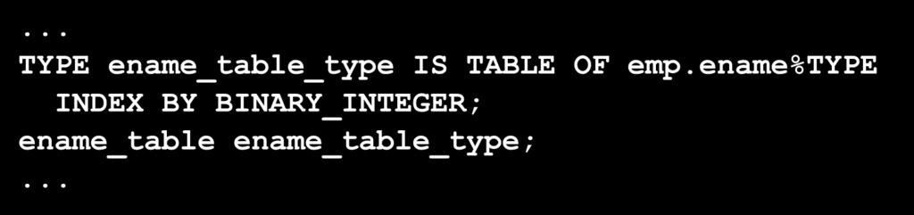 column%type} [NOT NULL] [INDEX BY BINARY_INTEGER]; identifier type_name; Deklariere eine