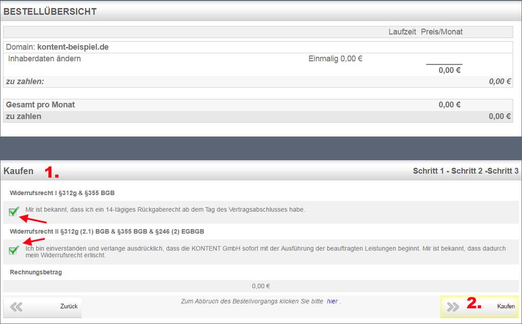 Schritt 5 - Im Bereich Kaufen (1.) müssen Sie ggf. einige Belehrungen akzeptieren/anhaken (siehe ). - Klicken Sie auf Kaufen (2.), um die Prozedur im KONTENT-Login-Bereich abzuschließen.