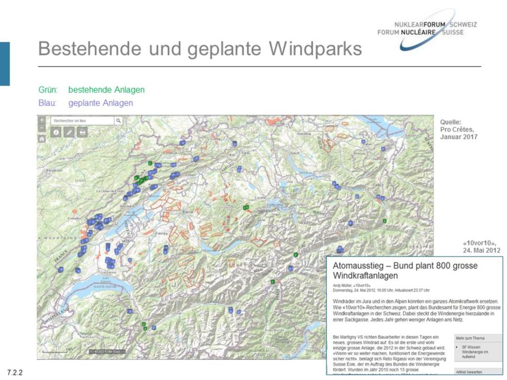 Windprojekte stossen auf Widerstand Windanlagen in den windreichen Gebieten auf den Bergrücken kollidieren in der Schweiz mit dem Natur- und Landschaftsschutz.
