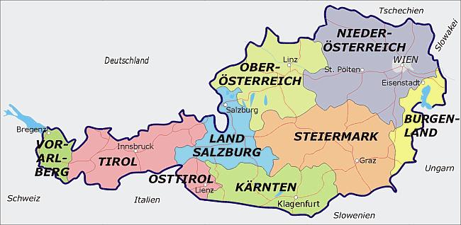 Die Bundesländer Österreich besteht aus neun Bundesländern mit unterschiedlicher Größe. Die Bundesländer gliedern sich in politische Bezirke, insgesamt 99 im gesamten Staat.