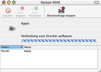13.7 Anzeigen und Ändern des Status eines Druckauftrags (Mac OS X 10.2 und früher) Wenn Sie ein Dokument im Hintergrund drucken, können Sie den Status des Druckauftrags im Print Center anzeigen.