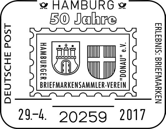 20259 HAMBURG - 29.4.2017 stempelnr.: 07/082 Teilnahme der Deutschen Post Philatelie am Vereinsjubiläum und der Börse des Hamburger Briefmarkensammler-Vereins Donau e.v.