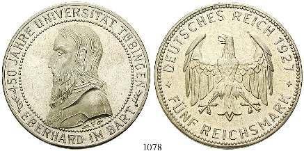 329. vz+ 450,- 1078 5 Reichsmark 1927, F. Uni Tübingen. J.329. berieben, vz 400,- 1086 3 Reichsmark 1929, A.