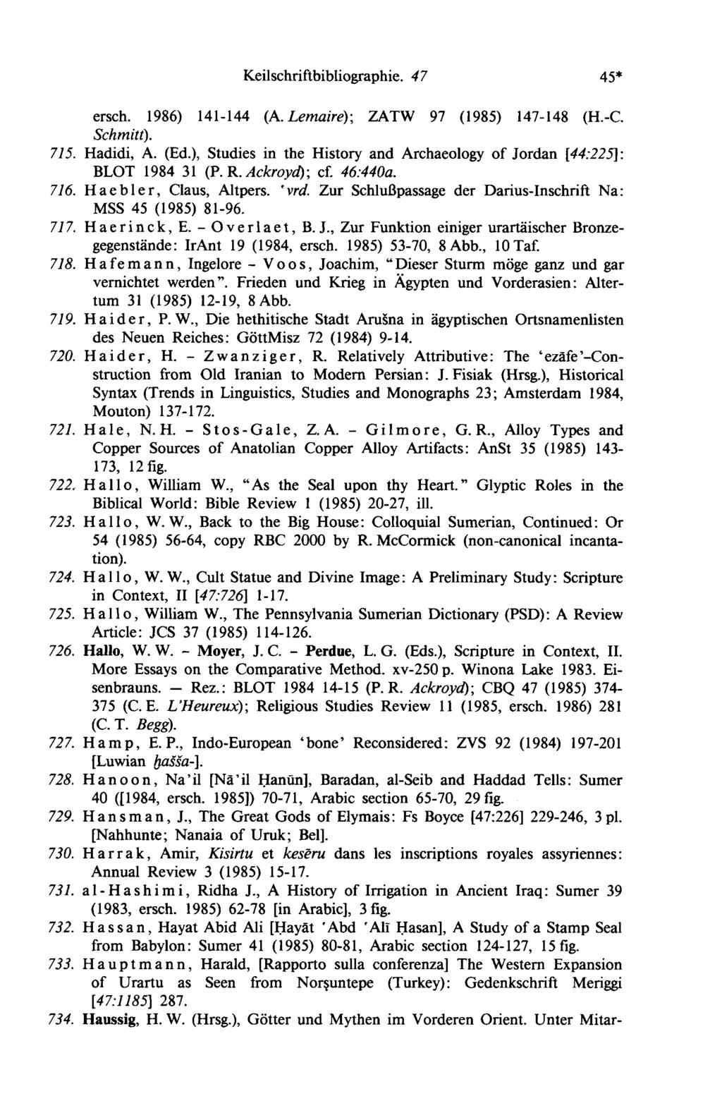 Keilschriftbibliographie. 4 7 45* ersch. 1986) 141-144 (A. Lemairé)\ ZATW 97 (1985) 147-148 (H.-C. Schmitt). 715. Hadidi, A. (Ed.