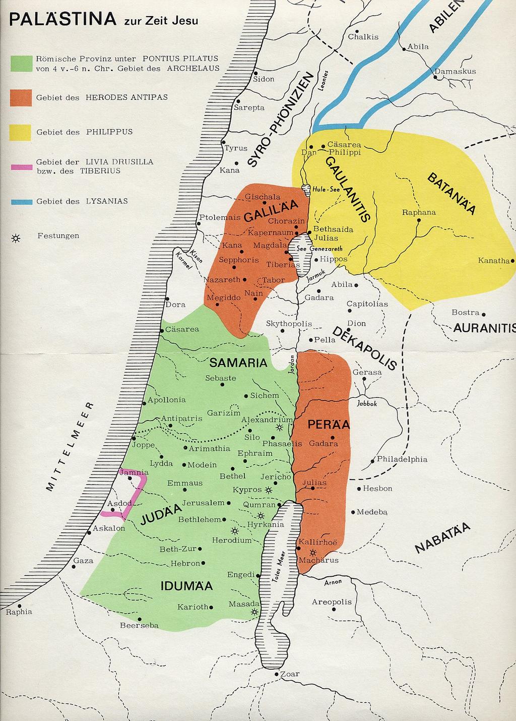 52 Kapitel II: Die Welt Jesu Abbildung 3: Karte von Palästina: Die Farben markieren sehr anschaulich die verschiedenen Territorien zur Zeit Jesu: Der grüne Bereich ist römischen Statthaltern