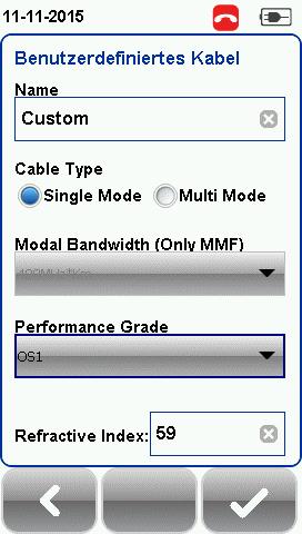 Kabelnamen, Kabeltyp, Standard der Komponente und Brechungsindex des Kabels