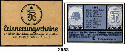 234 P A P I E R G E L D - N O T G E L D Thüringen 3553 Erfurt, 2.Regimentstag ehemaliger 71er. 5x 3 Mark und 1x 5 Mark 27. - 29.5.1922.