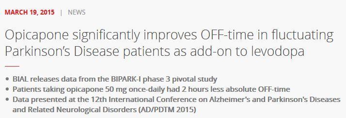 Idiopathisches Parkinson-Syndrom: Ausblick 2016 - Opicapone: COMT-Hemmer der dritten Generation - BIPARK-I: 600 Parkinson-Patienten mit Wirkfluktuationen wurden in 5 Therapiearme randomisiert: