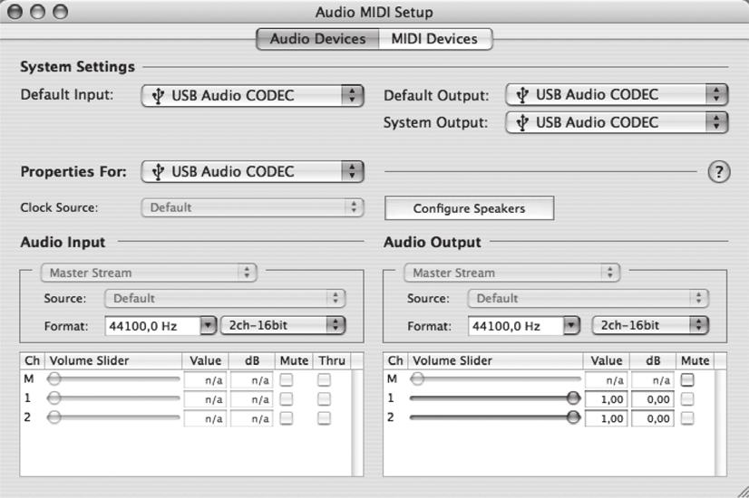 8 Wähle unter Preferences das folgende Fenster Audio Setup aus (Gerätename hängt von der OS X Version ab). OS 10.3 und älter OS 10.