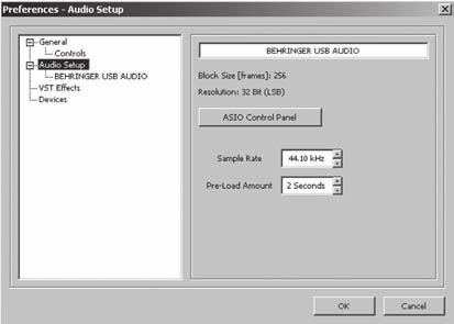 5 Wähle innerhalb der ASIO Sektion BEHRINGER USB AUDIO aus, wie unten gezeigt. Alle übrigen Felder sollten nicht ausgewählt werden.
