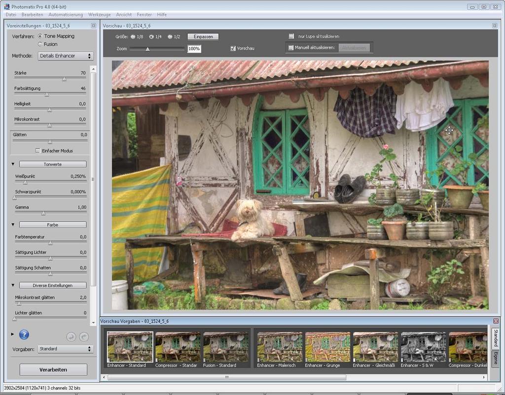 Mit Hilfe des Histogramms haben Sie die Tonwerte immer im Blick. 4.3.3 Die Vorschau-Vorgaben Die Tone-Mapping- und Fusionsmethoden werden in einem Fenster angezeigt.