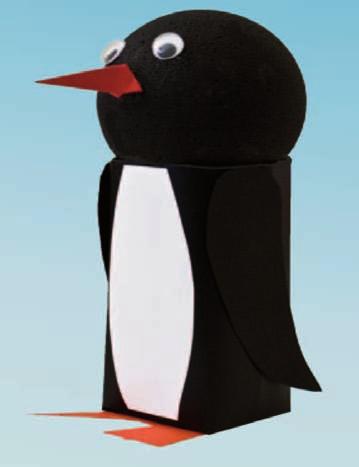 Pinguin Ein Tetra Top Getränkekarton (3,3 dl), Klebefolie (schwarz und weiss), festes Papier (orange, rot und schwarz), Leim, eine Styroporkugel (Ø 8 cm), ein Pinsel, schwarze