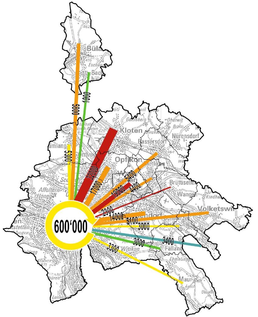 251/269 Abbildung 73 ÖV-Verkehrsbeziehungen auf Gemeindeebene: Stadt Zürich Glattal 2030 Datengrundlage: AFV GVM-ZH 2014; Karte LK 200 swisstopo (DV 593.