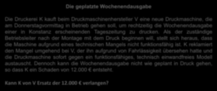 Die geplatzte Wochenendausgabe Die Druckerei K kauft beim Druckmaschinenhersteller V eine neue Druckmaschine, die am Donnerstagvormittag in Betrieb gehen soll, um rechtzeitig die Wochenendausgabe