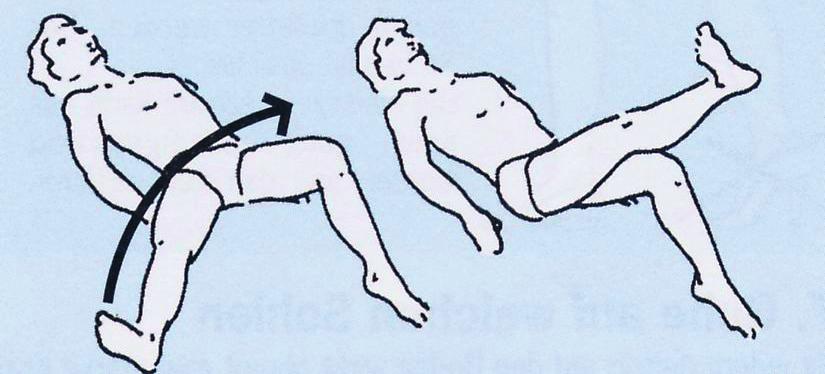 Muskelkräftigung - Rückenlage Übung 7: ein Bein mit Beugung in Hüft- und Kniegelenk anwinkeln, das andere Bein gestreckt abspreizen, die ußspitze des gestreckten Beines zeigt