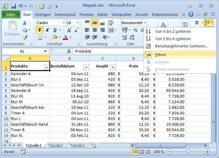 Filtern Neben dem Sortieren von Listen bietet Excel verschiedene Filter