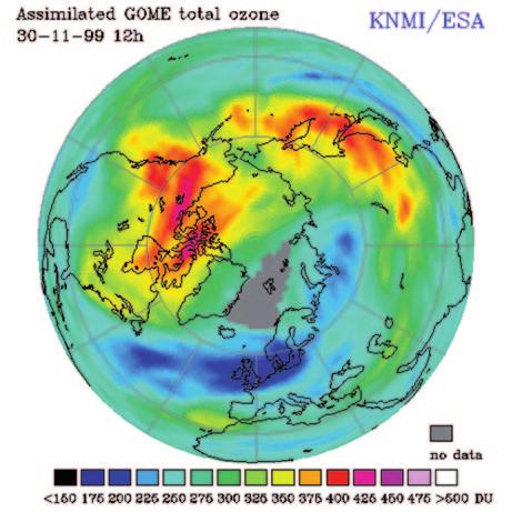 2.1 Zusammensetzung der Erdatmosphäre 33 Abb. 2.12 Arktisches Ozonloch am 3.11.1999. (Quelle: GOME Fast Delivery Service, KNMI/ ESA (Internet 9)) konzentration betrug am 8.