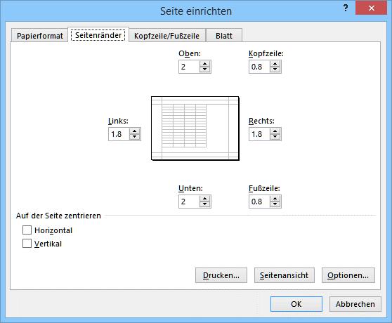 3.1.3 Die Breite an das Papierformat anpassen Unsere Tabelle ist immer noch zu breit, als das sie in der Breite auf eine Seite passt. Dies erledigen wir in der Registerkarte Seitenlayout.