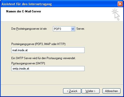 Schritt 4: Bitte geben Sie in dem nächsten Dialogfeld die E-Mail-Server an. Der zu verwendende Posteingangsserver ist ein POP3-Server.
