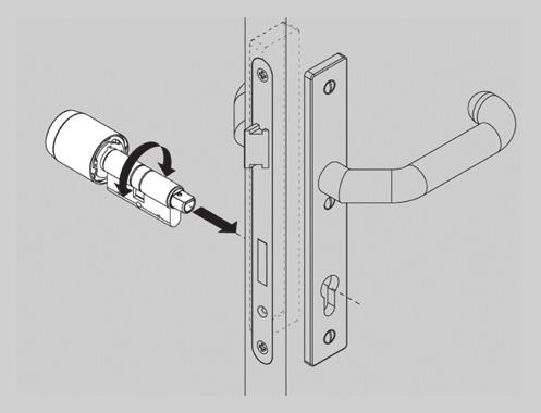 Abb. 2: Tapkey Smart Lock einsetzen Gegebenenfalls alten Schließzylinder demontieren. (ohne Abbildung) Tapkey Smart Lock mit vormontiertem Außenknauf vorsichtig aus der Verpackung nehmen.