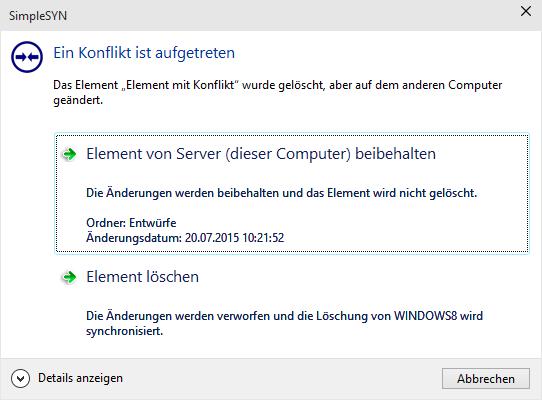 Löschkonflikt Ein Löschkonflikt tritt auf, wenn ein Outlook -Element auf einem Computer gelöscht und auf einem anderen Computer geändert wurde.