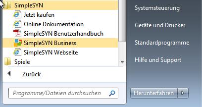 SimpleSYN starten Um SimpleSYN zu starten gehen Sie wie folgt vor: Windows Vista, Windows 7 Wählen Sie im Windows Startmenü den Ordner Alle Programme und