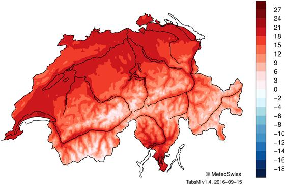 MeteoSchweiz Klimabulletin August 2016 5 Temperatur, Niederschlag und Sonnenscheindauer im August 2016 Messwerte absolut Abweichungen zur Norm