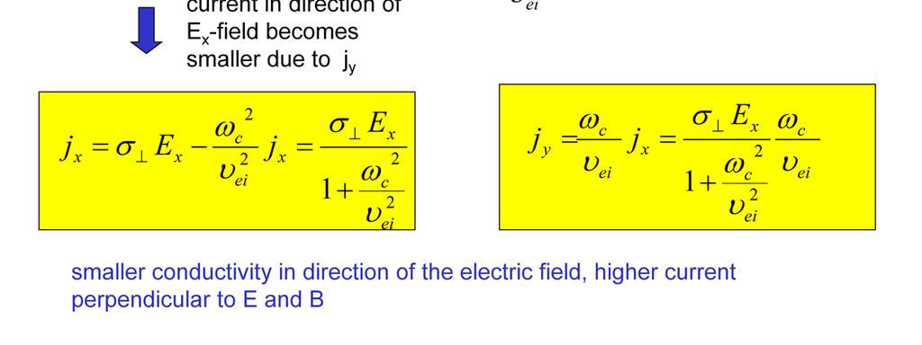 Sigma/(e n) B = e B/(m_e nu_ei) = om_c/nu nu_ei ~ nu_ee j_y erst aus e_y=0, dann Formel fuer E_x mit j_y Strom in y-richtung ist groesser,