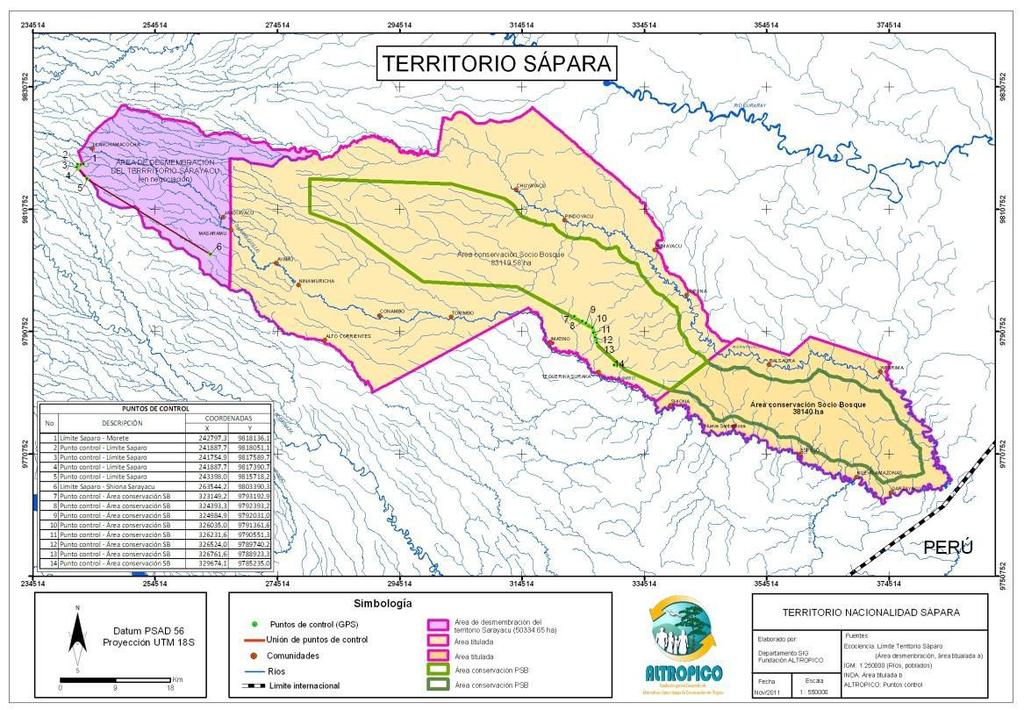 Das Territorium der Sápara. Das Gebiet Sociobosque ist grün umrandet.