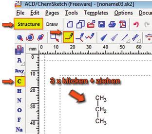 Schritt: C-Kette zeichnen 1. Als Übung soll zunächst eine C-Kette aus 3 C-Atomen nach der Fischprojektion gezeichnet werden (oder einfacher: senkrecht).