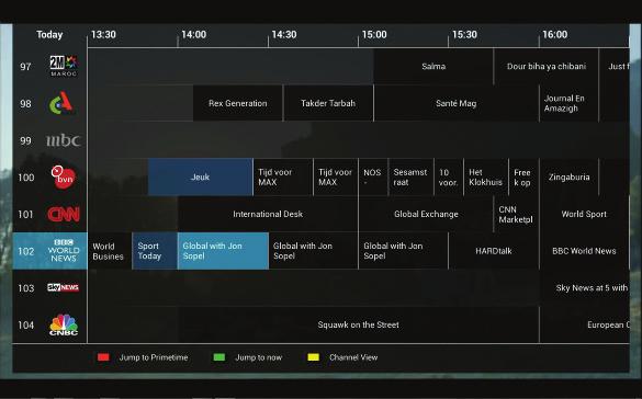 PROGRAM GUIDE (EPG) Press the EPG button to see the on-screen Program Guide. The Guide can be viewed as sorted ByTime or ByChannel. These views can be switched by pressing the RED button.