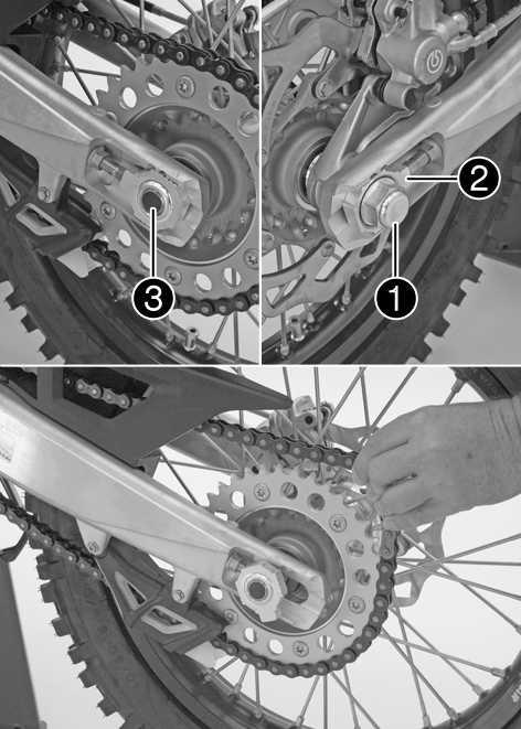 10/HINTERRAD 68 13.1Hinterrad ausbauen Motorrad aufbocken. ( S. 9) Bremszange mit der Hand zur Bremsscheibe drücken, um den Bremskolben zurückzudrücken.