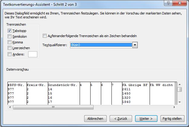 Der Import soll mit der 1. Zeile beginnen und der vorgeschlagene Dateiursprung Windows (ANSI) kann belassen werden. Der Dialog gemäss Abbildung 7 mit der Schaltfläche Weiter > bestätigen.
