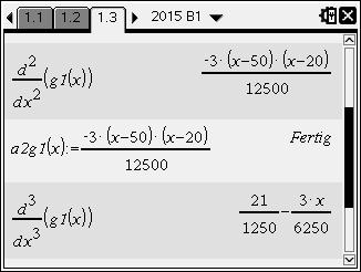 3(x 50) (x 20) g(x) 1'' = 12 500 21 3x g 1''' (x) = 1 250 6 250 Notwendige Bedingung fü das lokale Extemum von g 1 (x): Die Nullstellen von g(x) 1 ' sind mögliche Extemstellen: x E1 = 5 und x E2 =