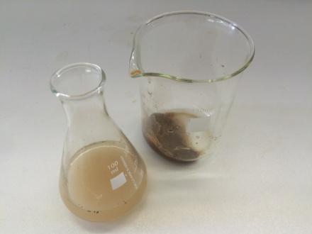 Abbildung 4: Das Gemisch aus Sand, Salz und Wasser (links) nach dem Dekantieren (Mitte) und dem Filtrieren (rechts).
