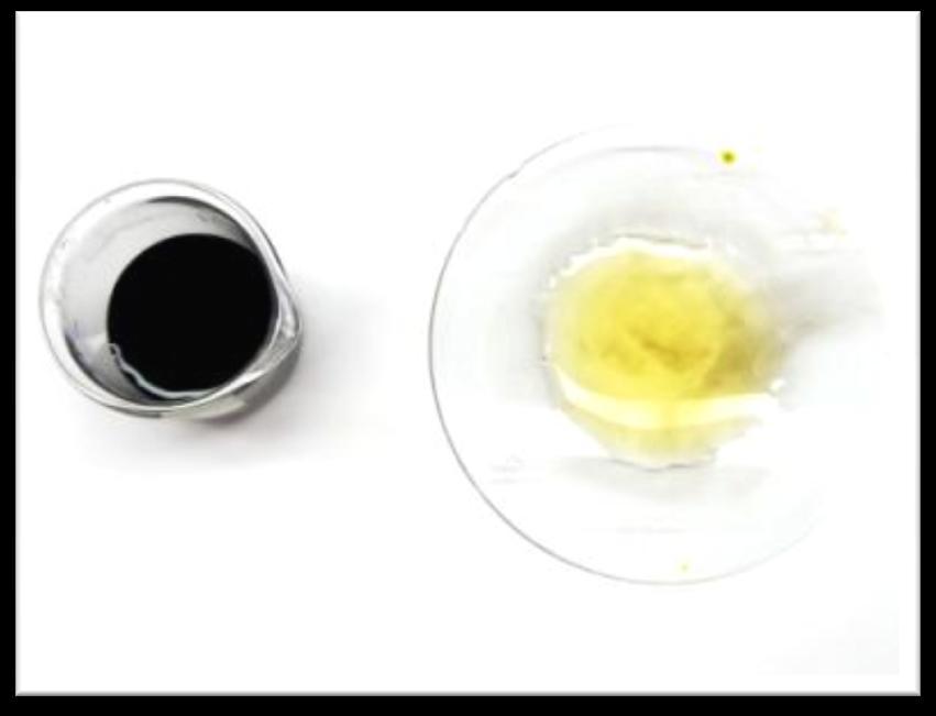 Abbildung 6: Weißes Phosphor(V)-oxid setzt sich am Uhrglas ab Abbildung 7: Nach Hinzugabe von Thymolblau (links) ist ein Farbumschlag (rechts) zu erkennen Deutung: Die